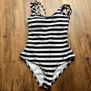 Strappy black and white striped one piece